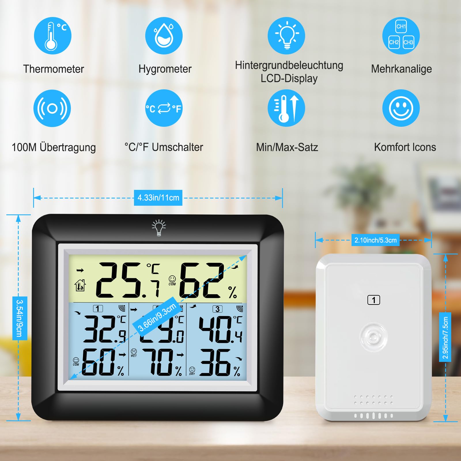 Urageuxy Funk Thermometer mit 3 Außensensoren - Wetterstation mit 100m Reichweite, Digital Hygrometer Thermometer mit Großem LCD-Display, MIN/MAX-Aufzeichnung, Einfache Bedienung (Schwarz)