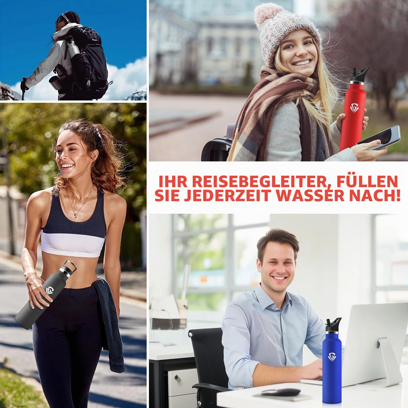 HoneyHolly Trinkflasche 1L, BPA-Frei, Wasserflasche Edelstahl, Auslaufsichere Isolierflasche Doppelwandig, Trinkflasche Mit Strohhalm, Isolierflasche für Büro, Fitnessstudio, Camping - Rot