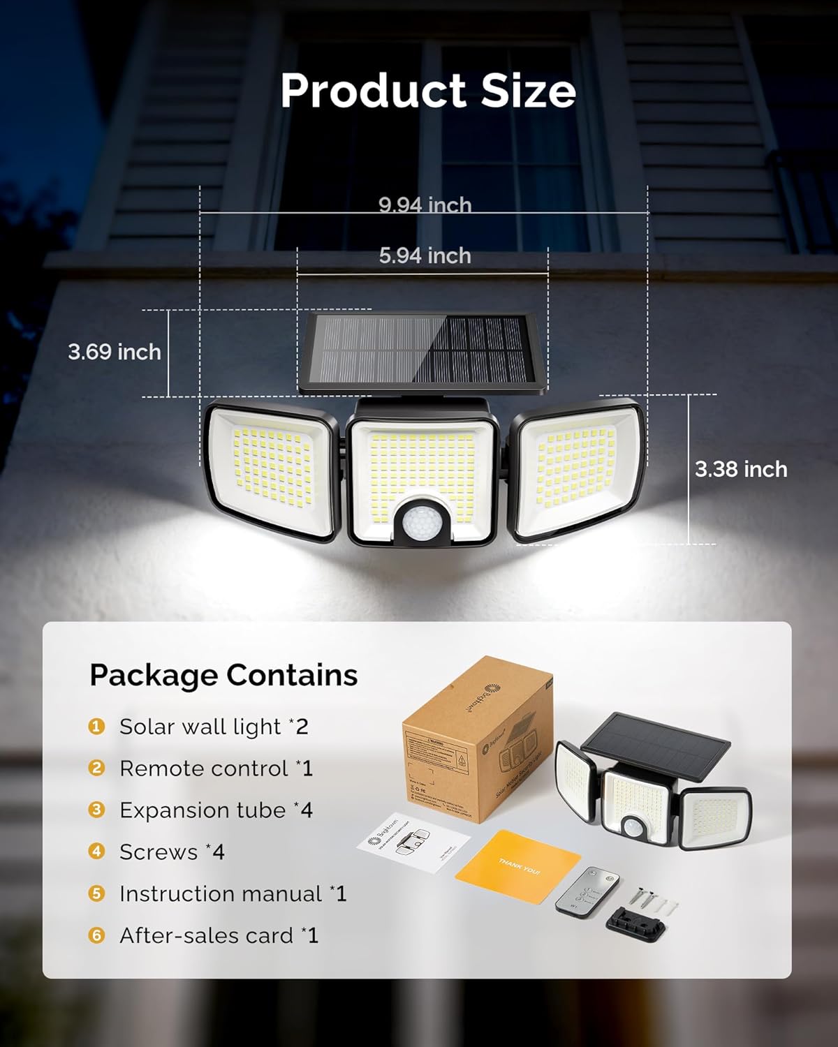Brightown 2 Pack Solar-Security-Flood-Outdoor-Lights-with-Motion-Sensor, 223 LED 3 Head 270° Angle Street Area Security Lights with Remote, IP65 Waterproof Wall Lights with 3 Modes for Yard Outside