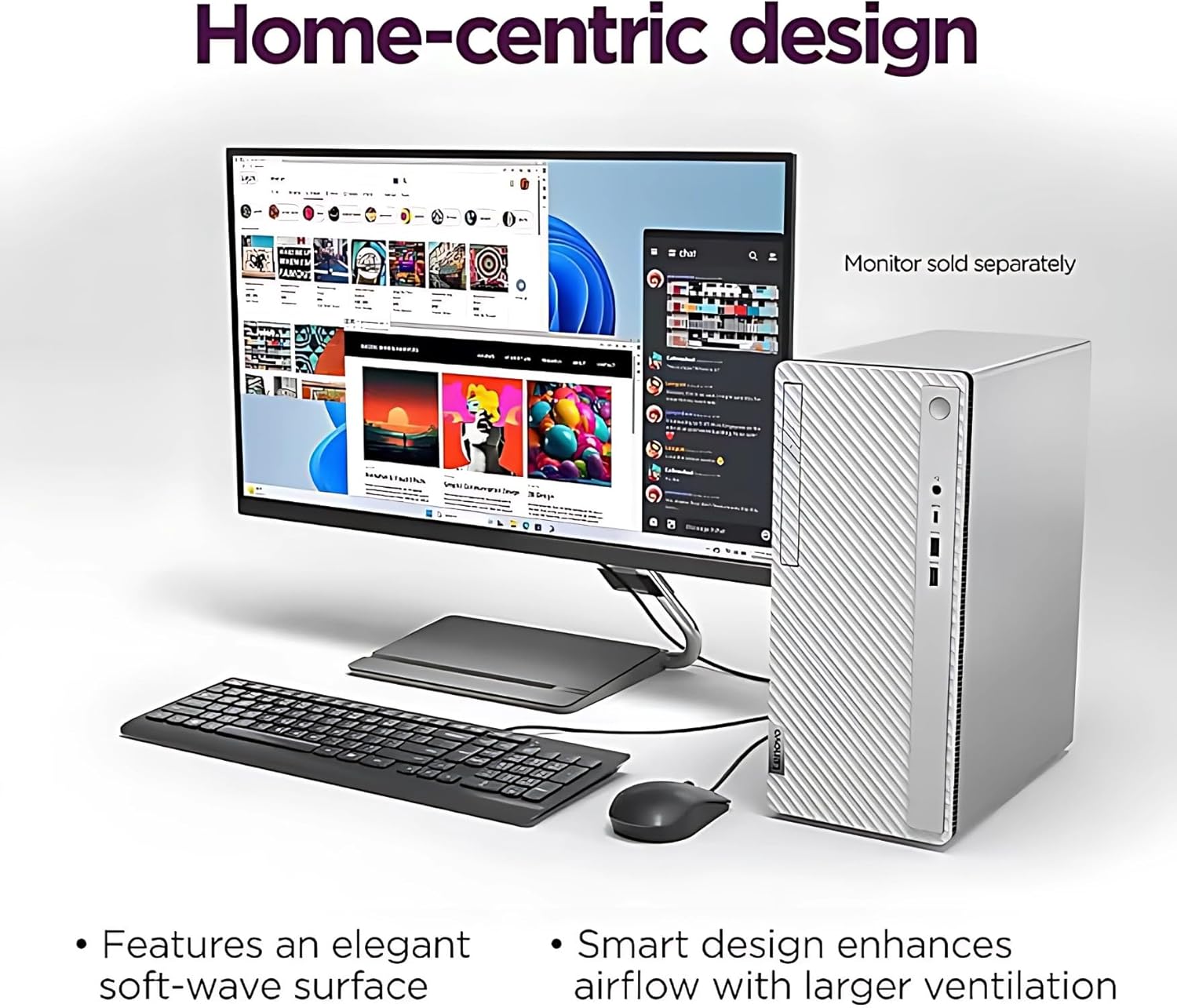 Lenovo IdeaCentre Tower in a home office setting, emphasizing its design