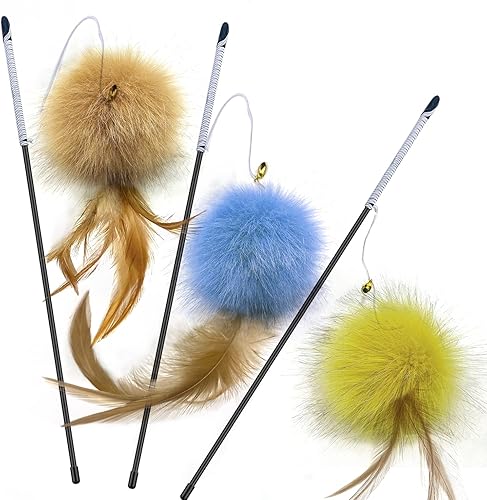 Miniatura 8 de Juguetes para gatos de interior, juguetes de varita de gato arco iris, bola de felpa con volteos de plumas, juguete interactivo de plumas para juego