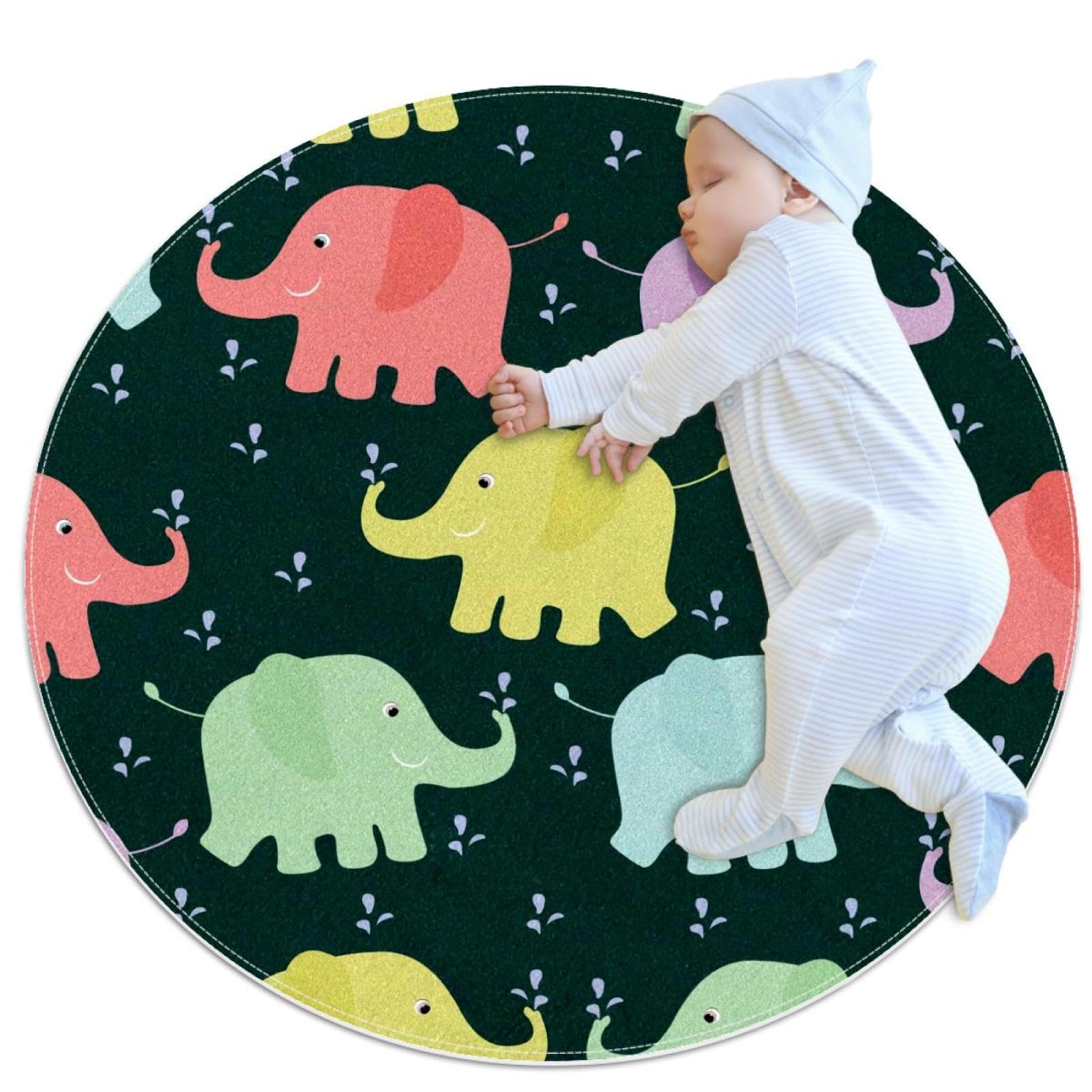 Tapis de salle de bain enfant rond 1m antidérapant éléphant bleu mimi