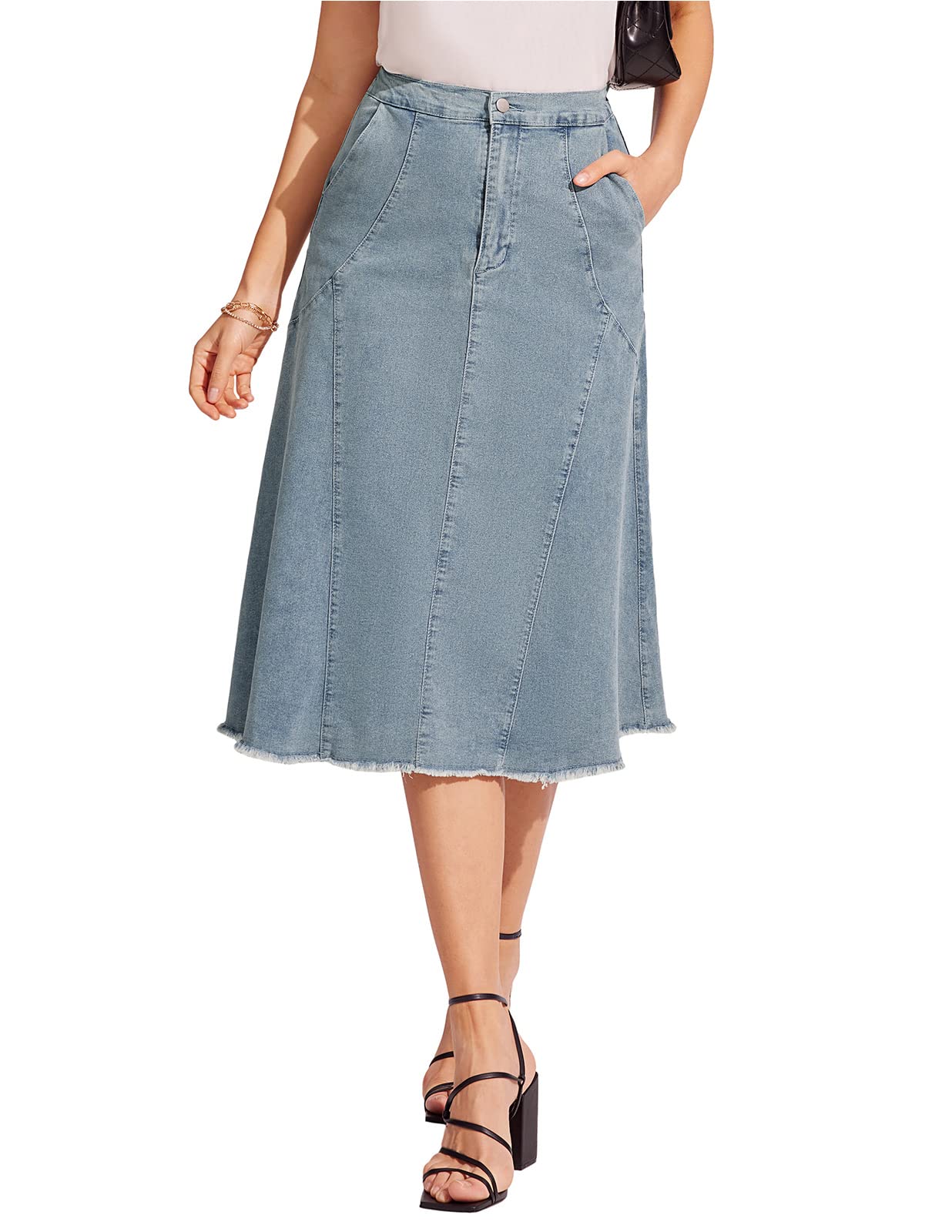 KANCY KOLEWomen's Knee Length Denim Skirts Elastic High Waist Midi Blue Denim Skirts