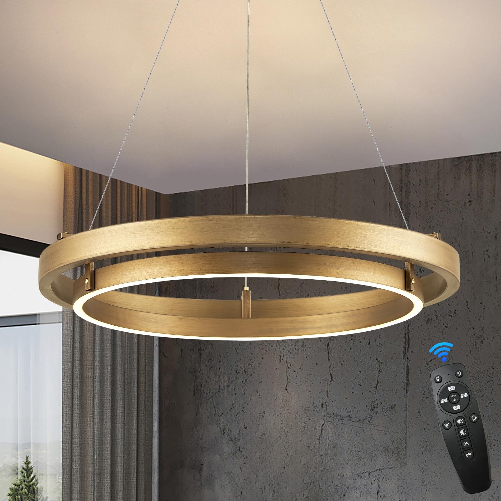 LED Ring Chandelier Gold Round Chandelier 30W Entry Chandeliers Light Brass Gold Dimmable Chandeliers for Dining Room Entryway Kitchen Island Bedroom Living Room, 24in