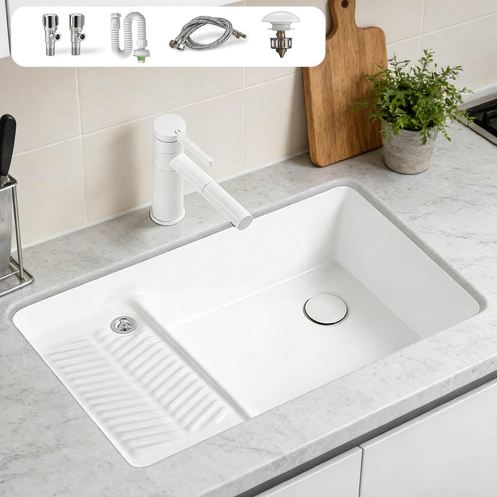 Fregadero blanco de cerámica de un solo cuenco para lavadero, lavadero, lavadero, lavabo, baño, tocador, moderno fregadero de porcelana blanca con escurridor y tubo de drenaje para inodoros (23 x 17
