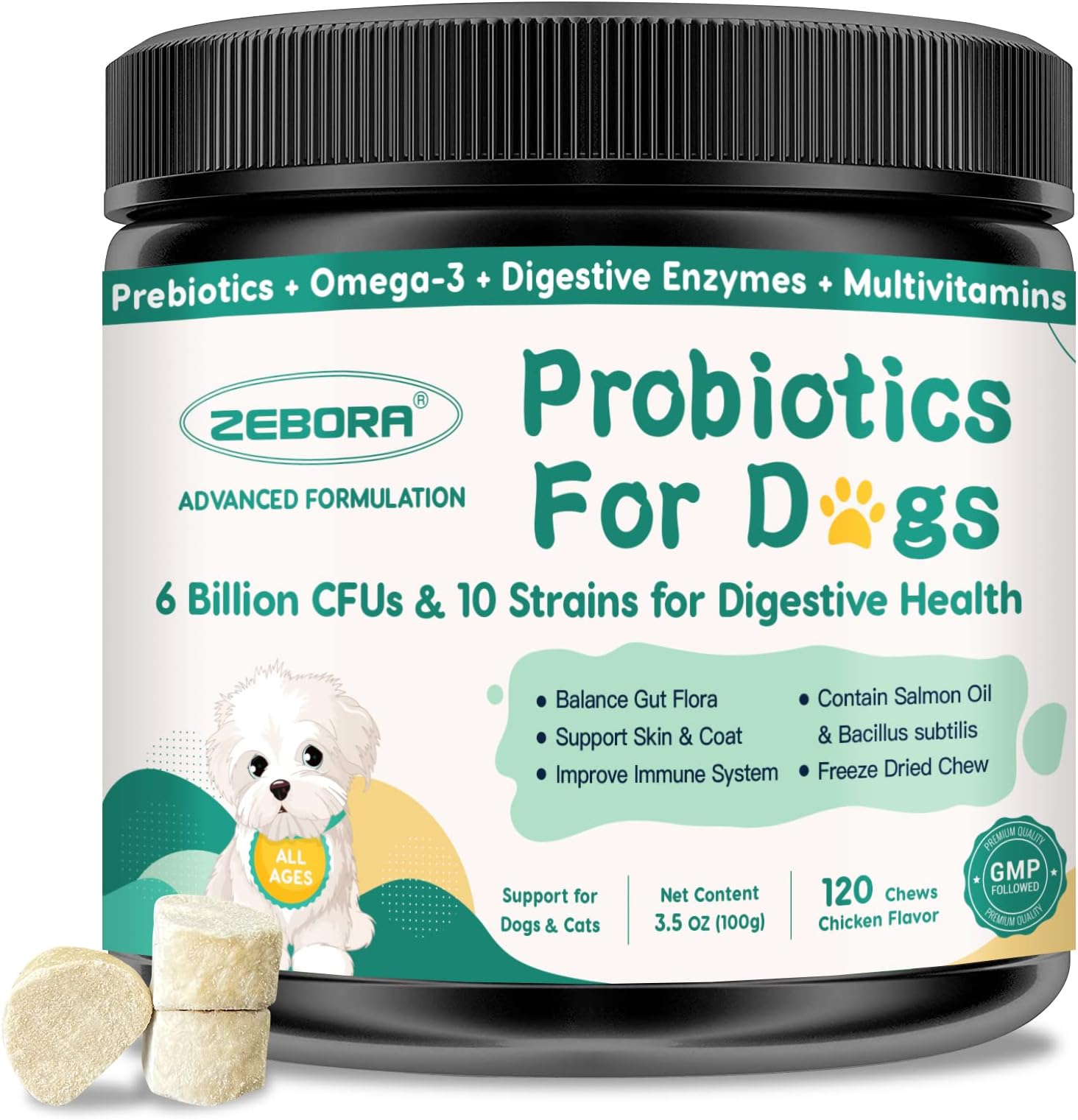 ZEBORA Probiotics for Dogs Digestive Health, Dog Probiotics and Digestive Enzymes, Prebiotics, Omega-3 & 6 and Vitamin for Dogs, 6 Billion CFUs for Gut Health and Immune Support, 120 Chews