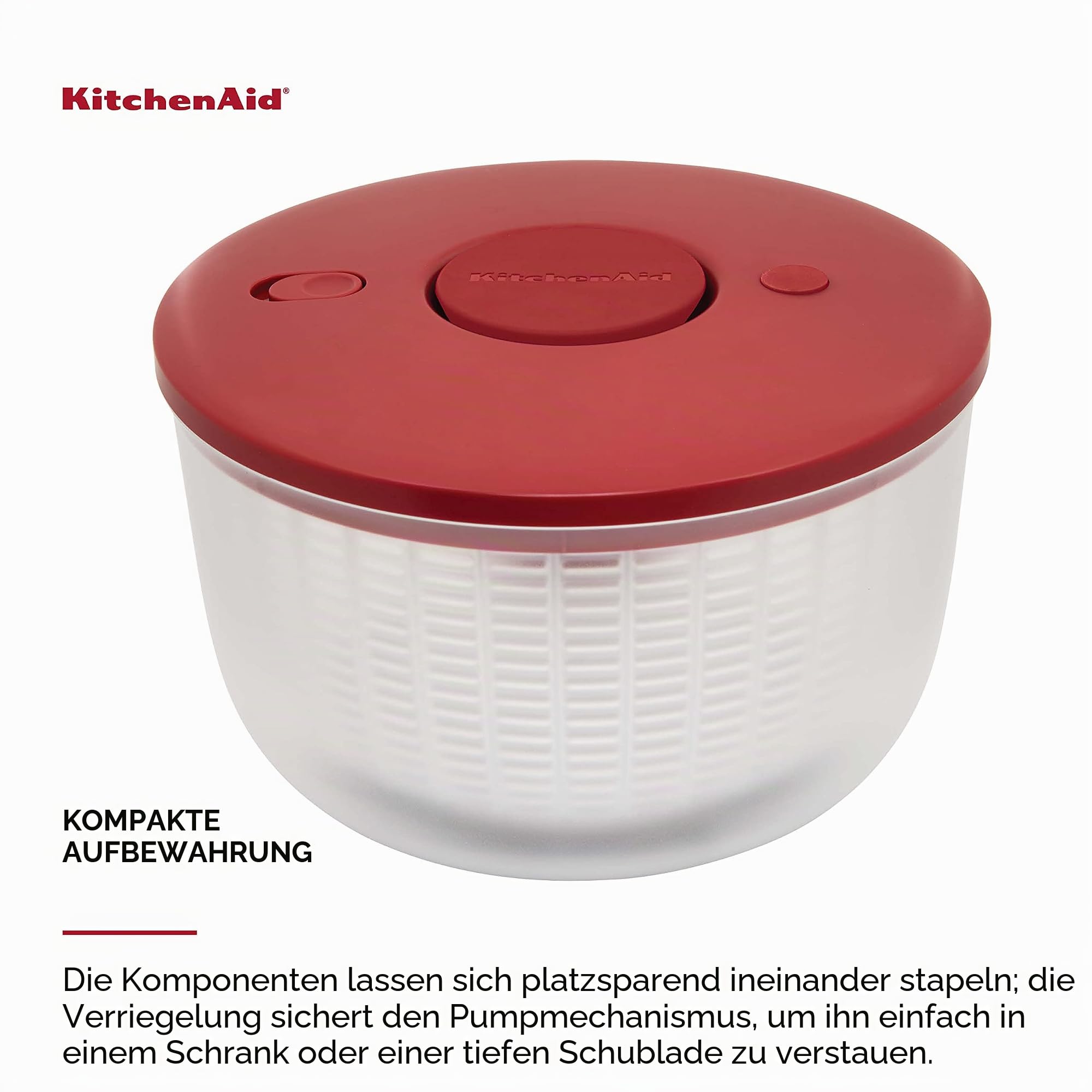 KitchenAid Universal-Salatschleuder mit abnehmbarer Schüssel, Sieb und Einhand-Pumpmechanismus, große Schüssel mit Nester und rutschfestem Boden, 7,43 Quart, Empire Red | Pumpmechanismus, große Schüssel, Kunststoff