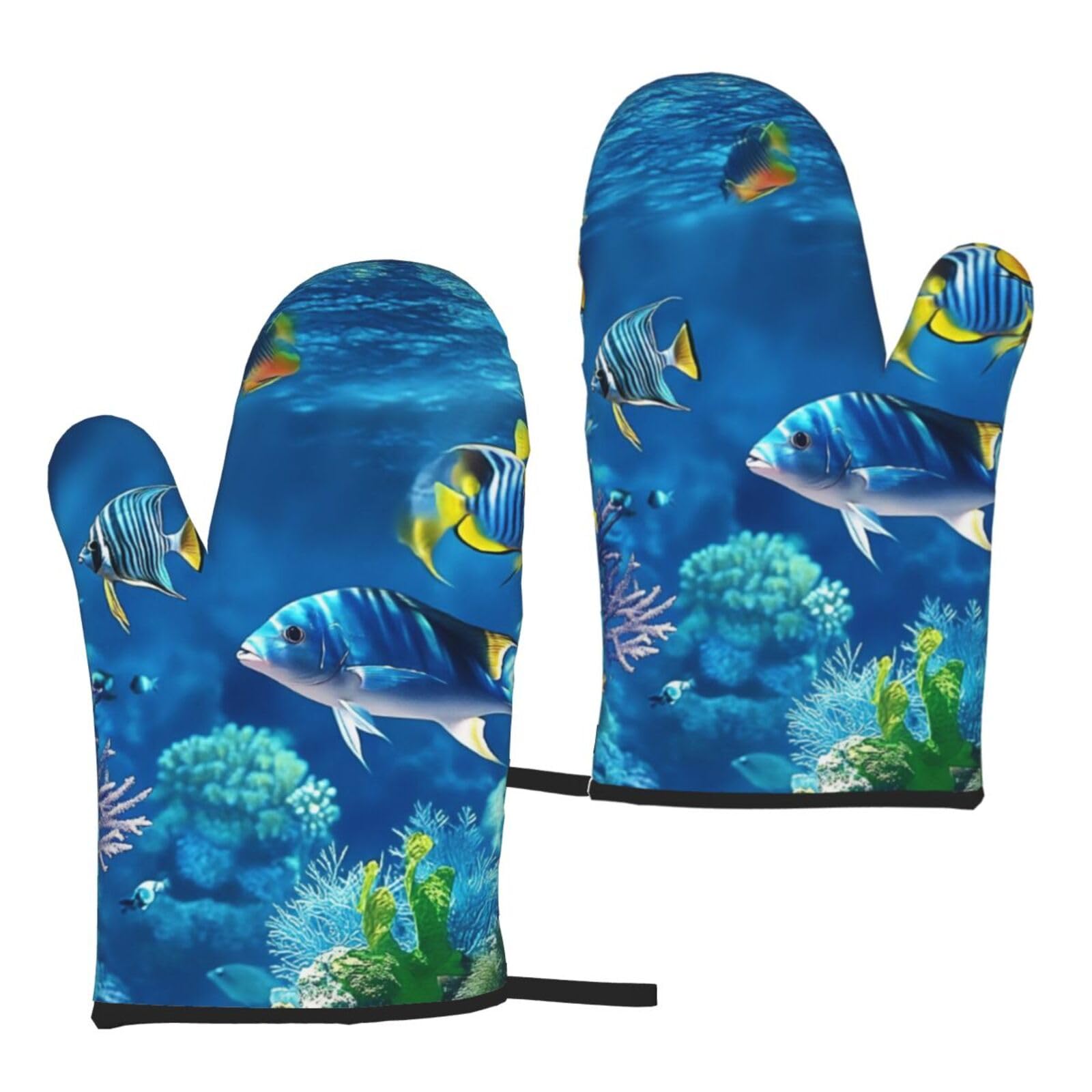 Blue Underwater Fish Printed Oven Mitts Sets 2 PCS Heat Resistant and Non-Slip Glove Potholder for Kitchen Cooking Baking Grilling