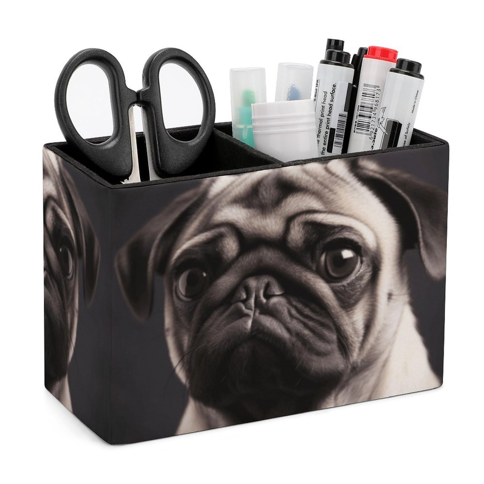 LZQPOEAS Exquisite Patterns PU Leather Pen Holder, Multifunctional Desktop Organizer Caddy with 2 Compartments, Pug Pencil Cup Makeup Brush Holder for Office Home