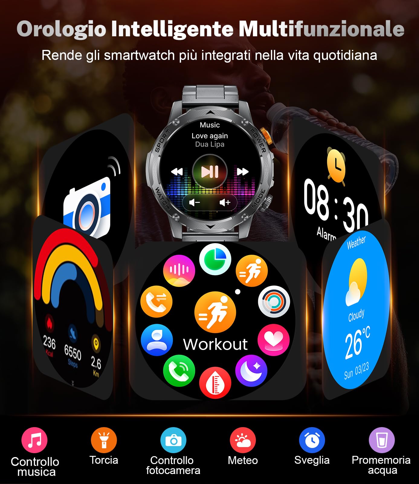 FITFLEX Smartwatch Uomo, Batteria 1000mAh, Schermo HD 1,75 Pollici, Design Militare, Chiamate Bluetooth, 130+Sports, Impermeabile IP68, Monitoraggio Cardio e Sonno Smart Watch, Android iOS, Nero