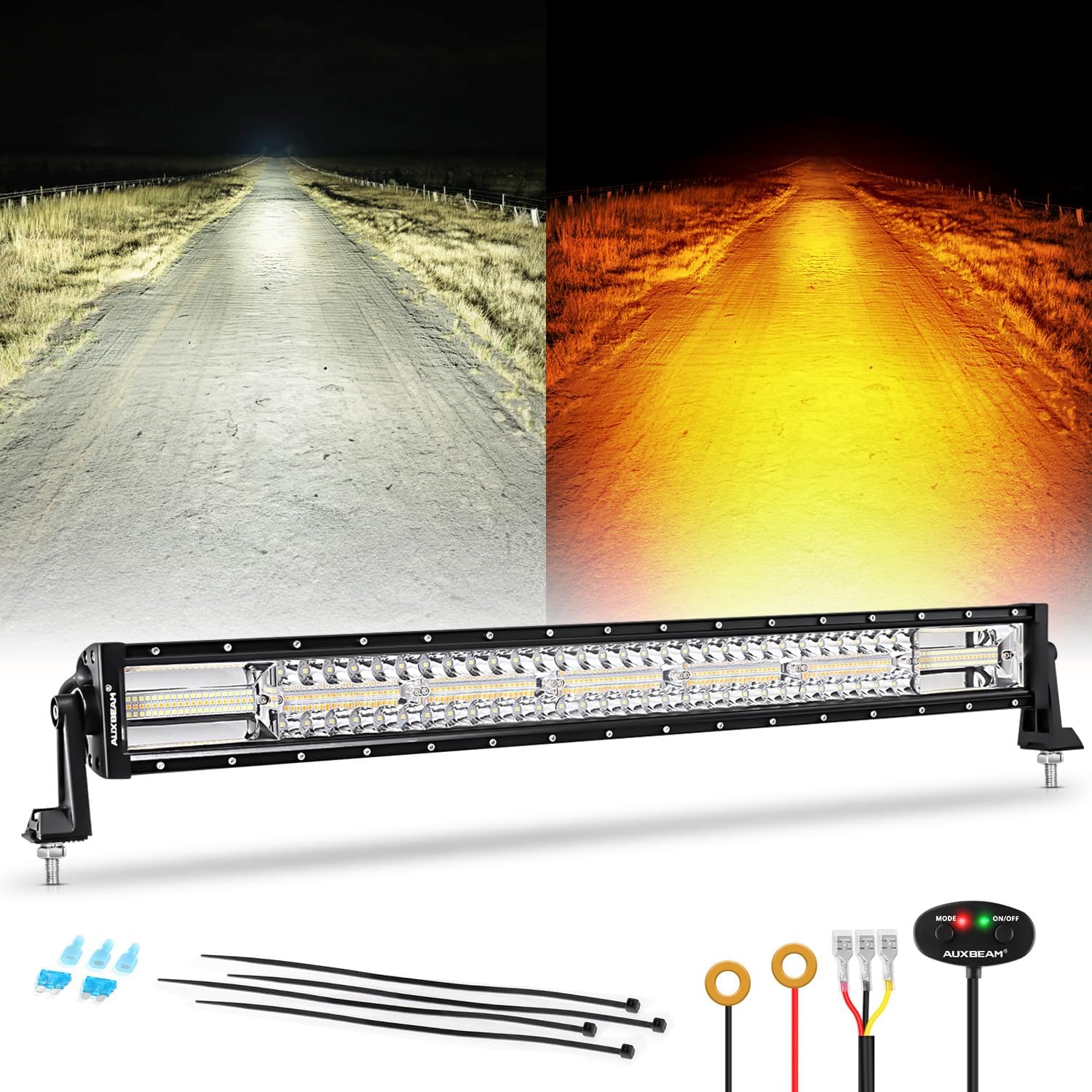 Auxbeam 30 Inch 180W Amber White LED Light Bar - 6 Modes Strobe Spot Flood Combo for Trucks Jeeps ATV UTV Off-Road