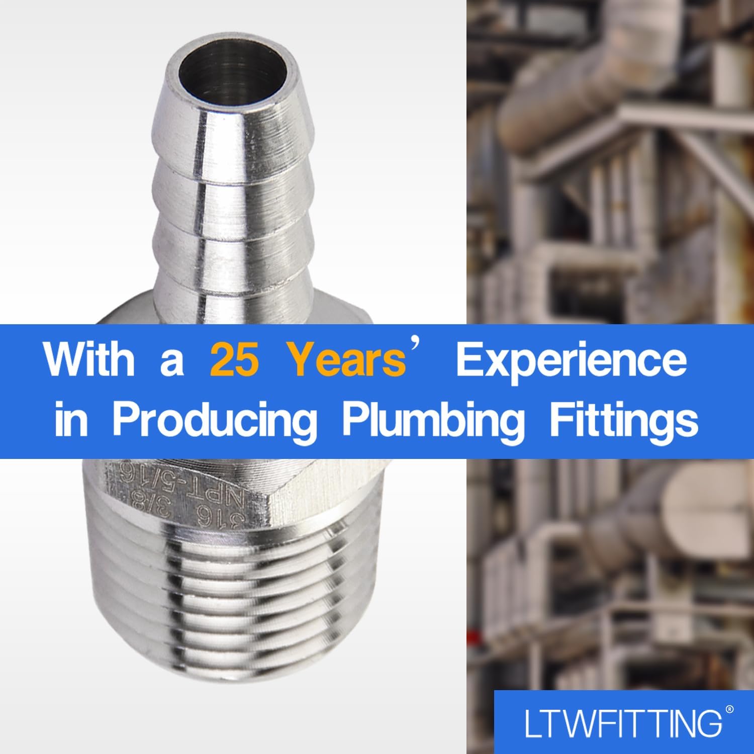 LTWFITTING Bar Production Stainless Steel 316 Barb Fitting Coupler/Connector 5/16" Hose ID x 3/8" Male NPT Air Fuel Water (Pack of 25)