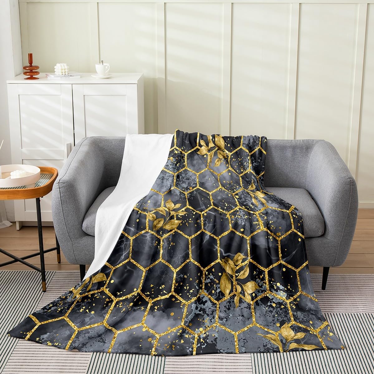 jejeloiu Black Gold Flannel Fleece Blanket Throw 50"x60" Geometric Honeycomb Plush Throw Blanket for Sofa Couch Kids Hexagon Gold Trim Plush Throw Blanket Luxury