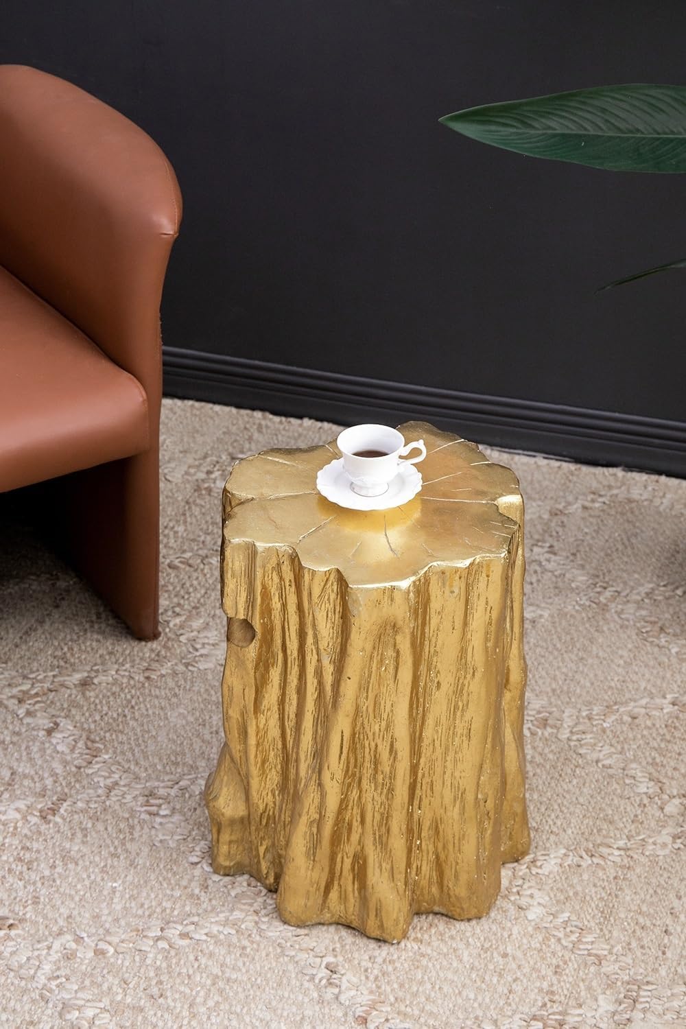 13.5x13x20 Unique Golden Tree Trunk Stool, Antique Gold Distressed Accent Side Table,Any entryway