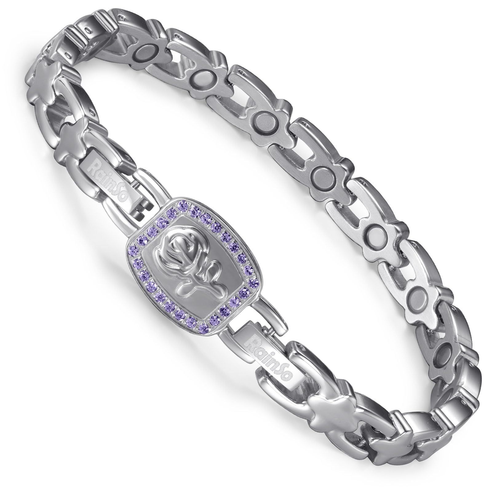 RainSo Bracelet magnétique pour femme - Rose amovible - Bracelet 2 en 1 en acier inoxydable avec double possibilité de port - Taille réglable - Avec outil de réglage et boîte cadeau (violet)
