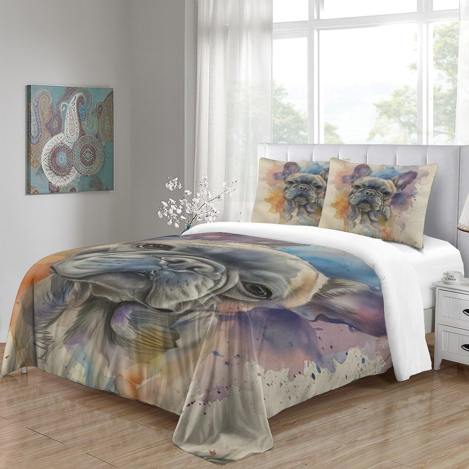 Stampato in 3D Bulldog francese Copertina Stampata Microfibra Disegnata Biancheria Da Letto Cura Facile Con 2 Federe,Double（200x200cm）, Per Adolescenti E Adulti