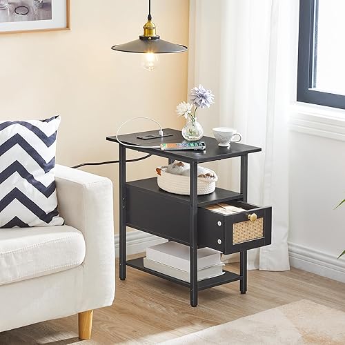 Miniatura 8 de HOOBRO Mesa auxiliar, mesa auxiliar con estación de carga, mesita de noche con cajón, mesita de noche estilo ratán, mesa de centro delgada para