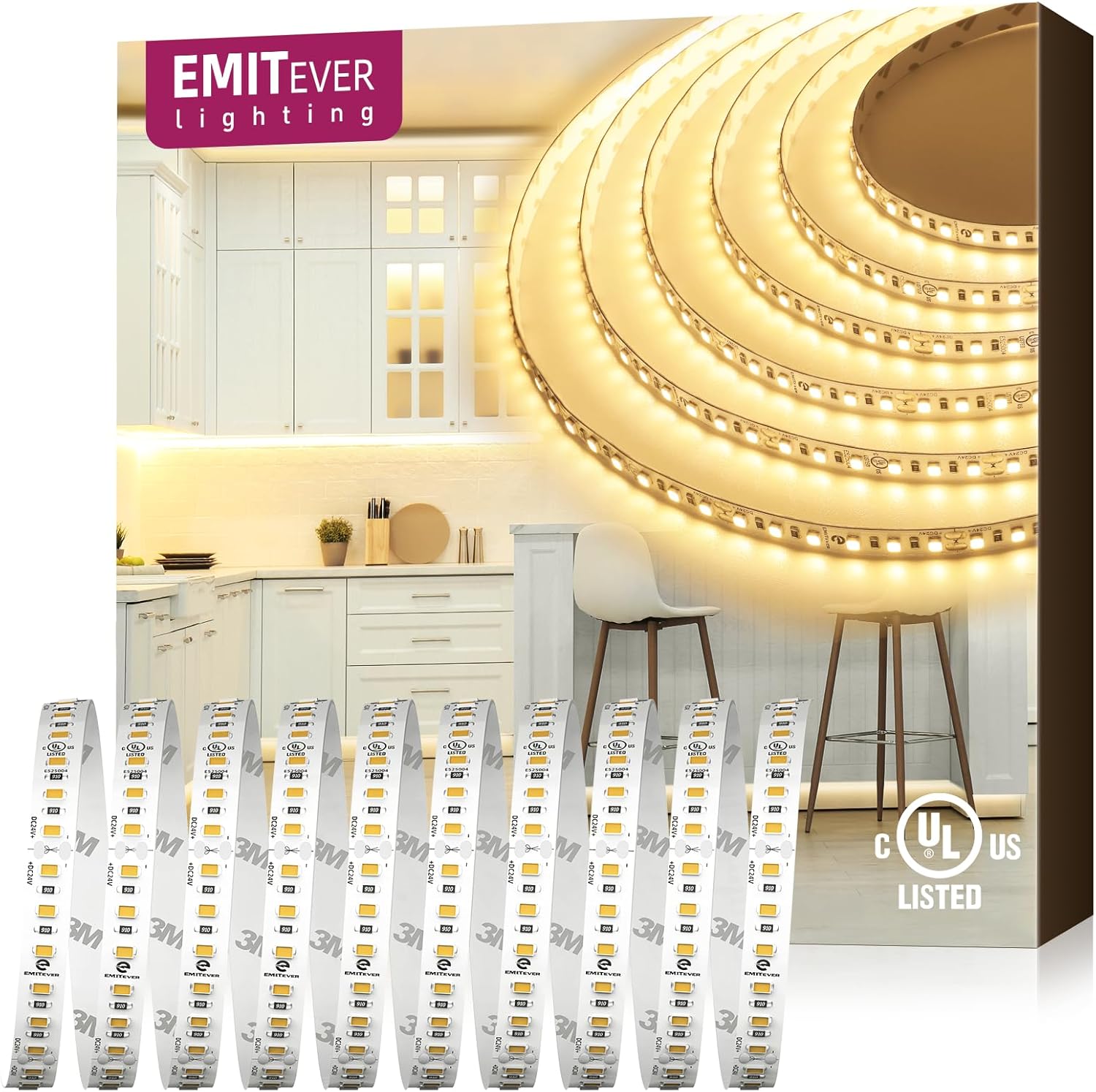 EMITEVER LED Strip Lights 3000K, UL 24V LED Tape Light Warm White, Ra 95+, IP30, 32.8ft, 2.9W/ft, 240+Lumens/ft, 1200LEDS/Spool, UL Listed 5 Year Warranty (Power Supply Sold Separately)