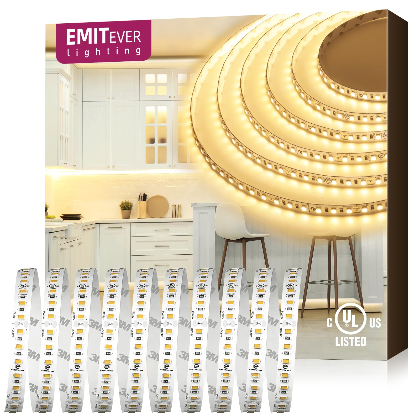 LED Strip Lights 3000K, UL 24V LED Tape Light Warm White, Ra 95+, IP30, 32.8ft, 2.9W/ft, 240+Lumens/ft, 1200LEDS/Spool, UL Listed 5 Year Warranty (Power Supply Sold Separately)