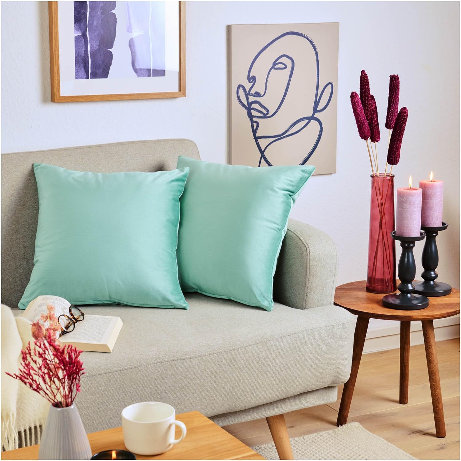 Blumtal Set di 2 Federe Cuscini Divano 50x50 cm in Velluto, con Chiusura Lampo Invisibile, Eleganti Copricuscini Divano in Morbido Velluto,Taglia 50 x 50, Verde Chiaro