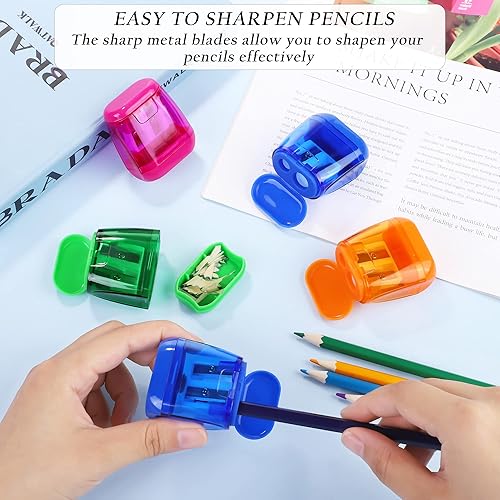 Miniatura 3 de Aodaer 48 sacapuntas manuales de doble agujero compacto con tapa para sacapuntas en oficina, hogar mezclado 4 colores