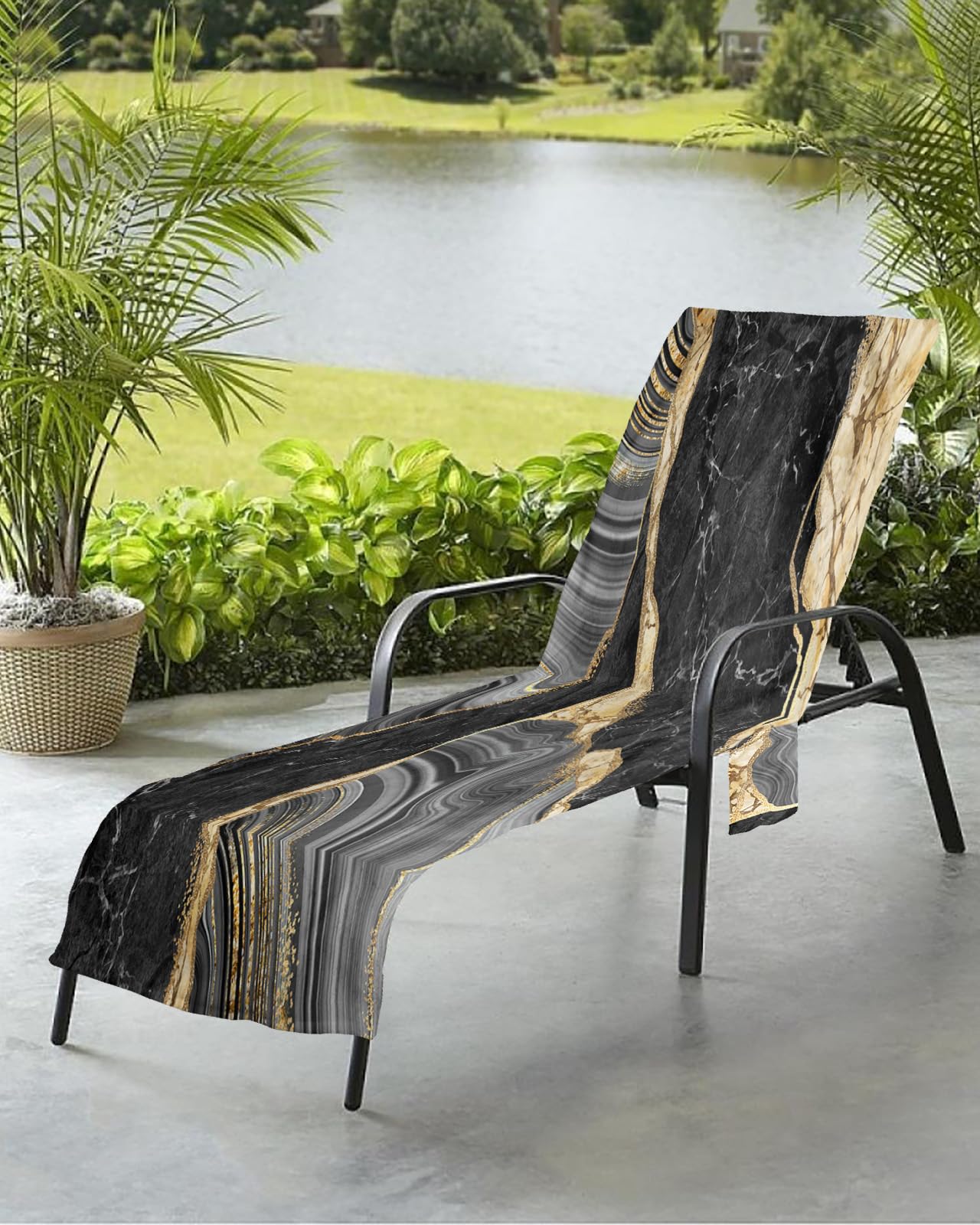 Abstract Marble Beach Chair Towel Covers for Chaise Lounge with Side Pocket, Soft Plush Pool Towels Cover for Patio Sunbathing Outdoor 29''x85'' ContemporaryGeometric Black Grey Gold