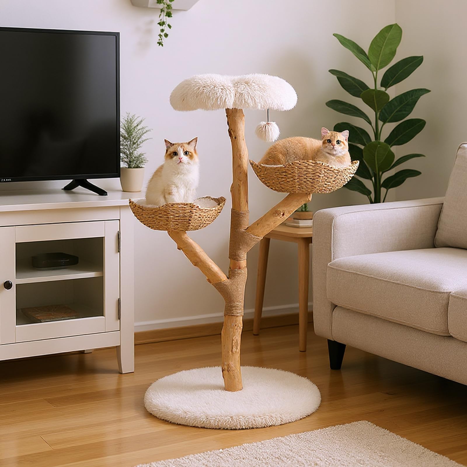 COSTWAY Rascador para Gatos, Árbol para Gatito Moderno de Madera Maciza, 122 cm Torre Gatos Rascador con Plataforma Forma de Flores, 2 Nidos con Cojines, Poste de Yute, Bola Colgante, Blanco y Natural