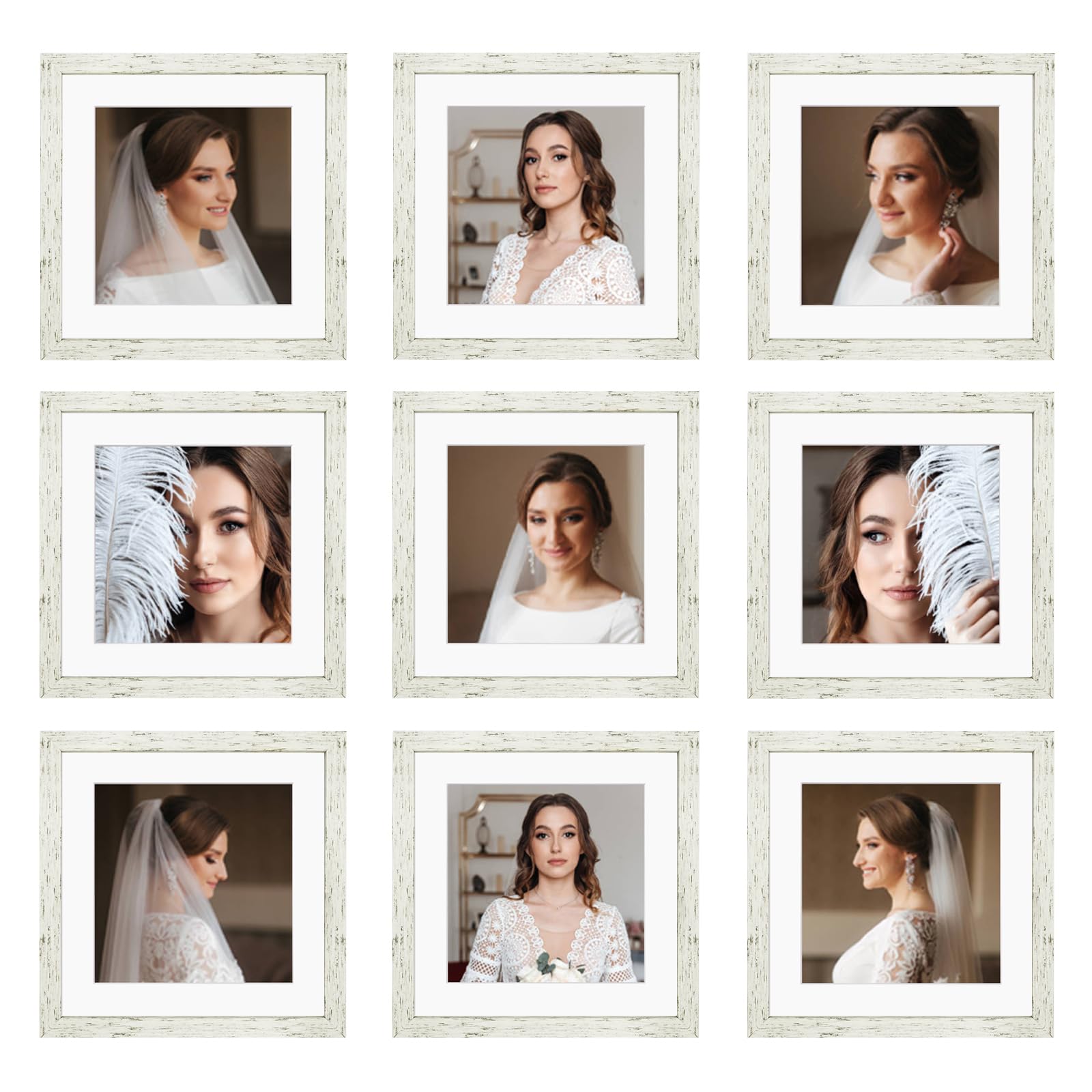 Photo 1 of ***PARTIAL SET - ONLY 3***
BSRHOME 10x10 Picture Frame Set of 9, Display Pictures 8x8 with Mat or 10x10 without Mat, Multi Collage Gallery Square Photo Frames for Wall or Tabletop, Distressed White