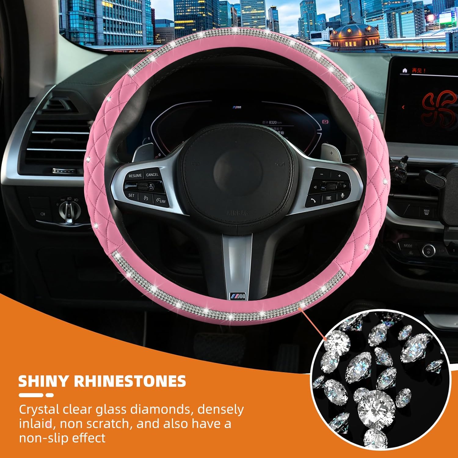 Diamond Steering Wheel Cover，14.5-15 Inch Car Steering Wheel Cover with Bling Crystal Rhinestone，Delicate and Anti-Slip Sparkly Car Wheel Protector for Women Girl，Pink - Image 3