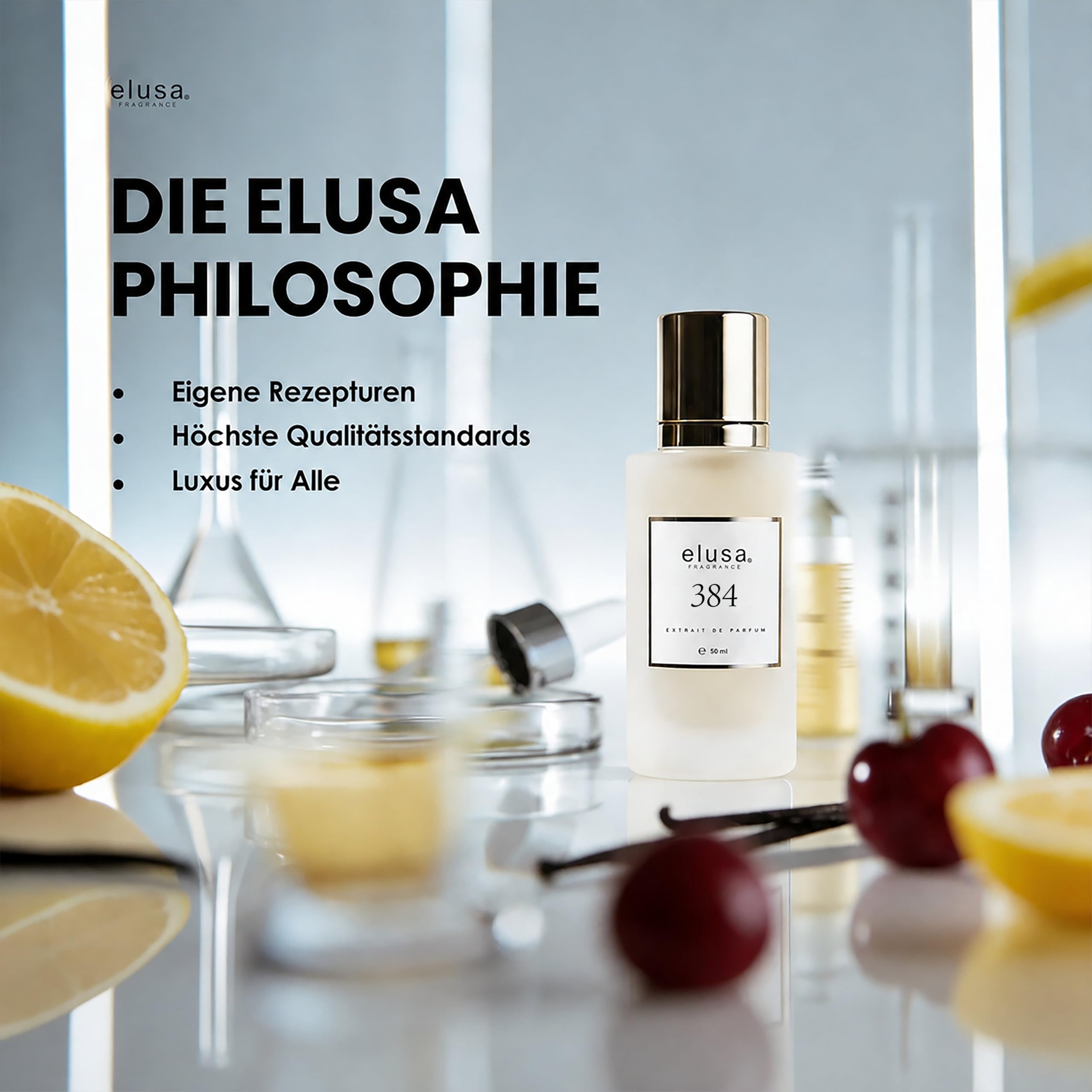 Elusa Fragrance 384 Extrait de Parfum 50 ml, profumo unisex da donna e uomo, fragranza orientale legnosa con oud, vaniglia e lavanda, dolce, speziato e di lunga durata