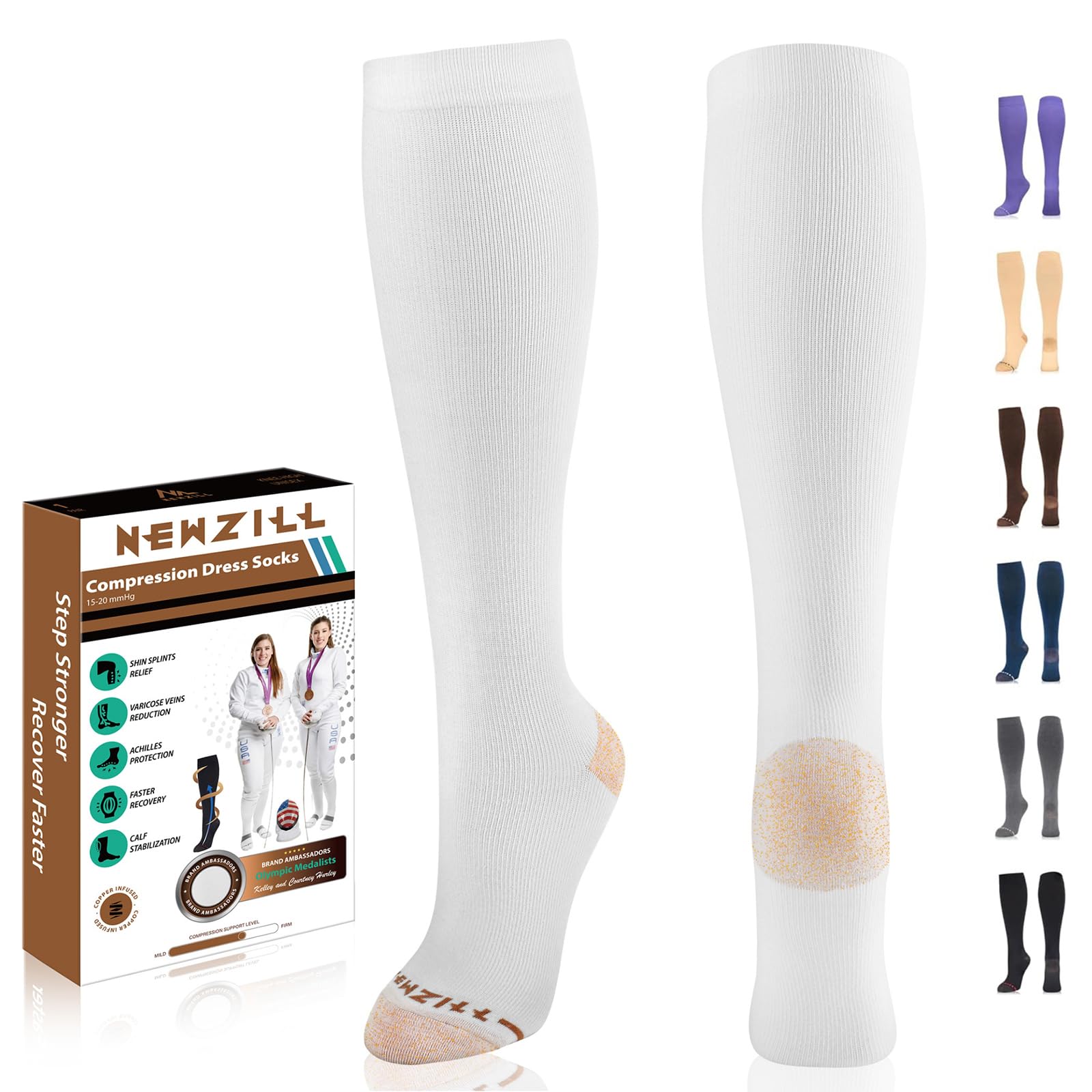 NEWZILL Copper Compression Socks for Women & Men 15-20mmHg Cotton Rich Odor Control Dress Socks for Business Casual Running Medical Athletic Support,