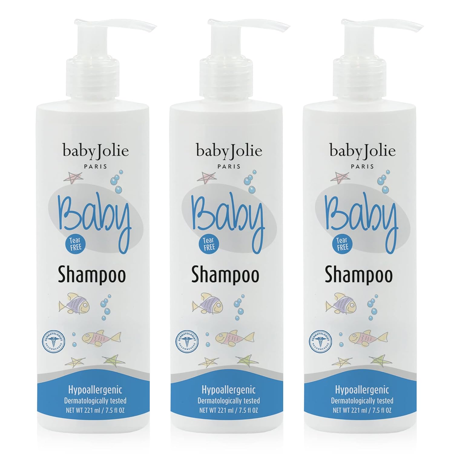 Baby Jolie Baby Shampoo – Tear-Free Gentle Shampoo for Babies & Kids, Hypoallergenic, Sensitive Scalp Care, Daily Use, 3 Pack (7.5oz / 221ml Each)