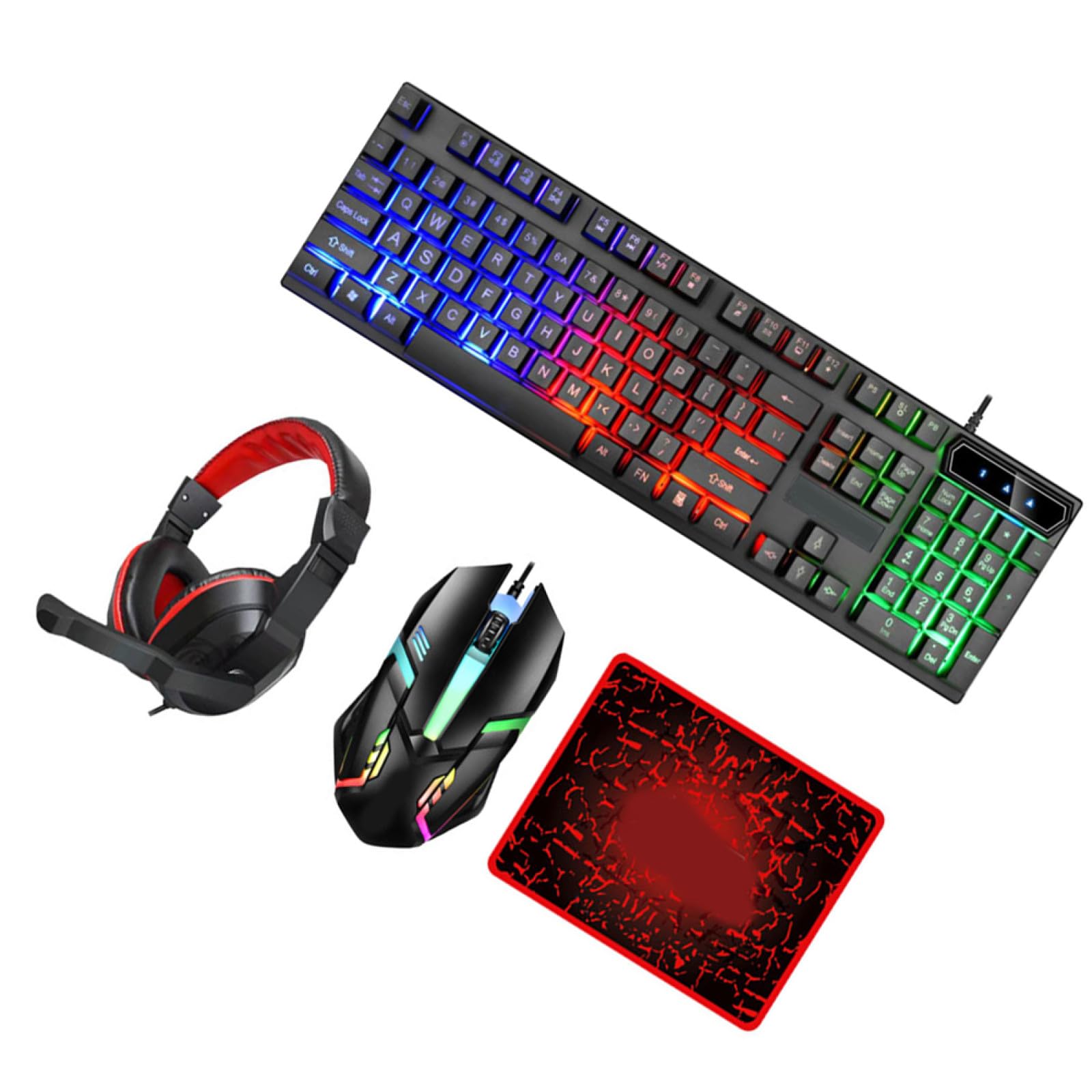 KOMBIUDA Juego Teclado y Ratón Gaming Cable, 104 Teclas Retroiluminadas, Auriculares y Alfombrilla Bordes Cosidos, Material Abs para Uso Gaming