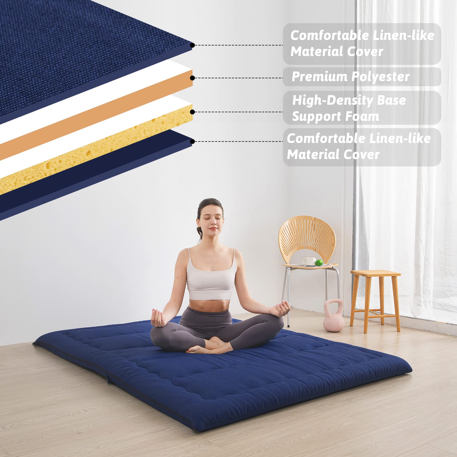 MAXYOYO Materasso futon pieghevole portatile, in tessuto ipoallergenico e memory foam, con manico e cerniera, per interni ed esterni, campeggio, auto, ospiti