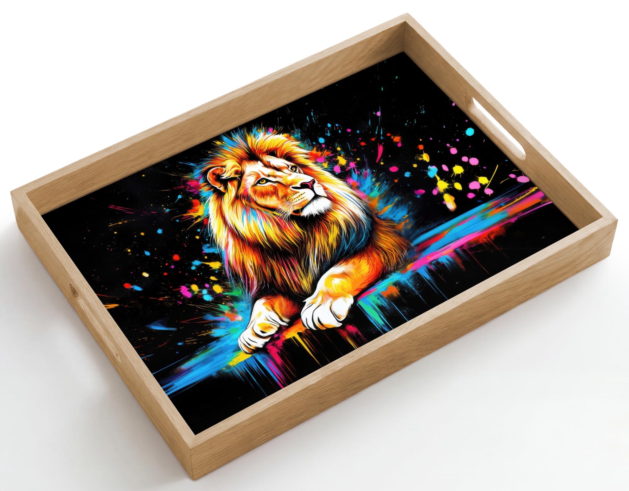 Holztablett Rechteckig 50x35 cm Küchentablett Servier Tablett Eiche Serviertablett Holz Servierplatte Mit Henkel Tray Kaffeetablett Löwe - Bunt - Spritzer