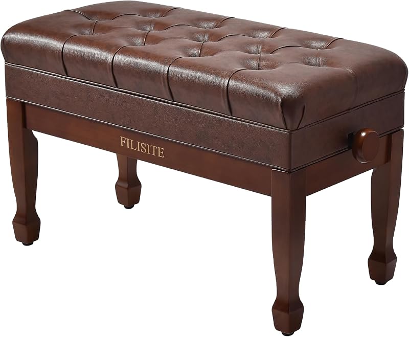 Adjustable Duet Piano Bench with Storage, Heavy Duty Solid Wood Double Piano Stool Keyboard Bench Seat with PU Leather Padded Cushion (Wood)