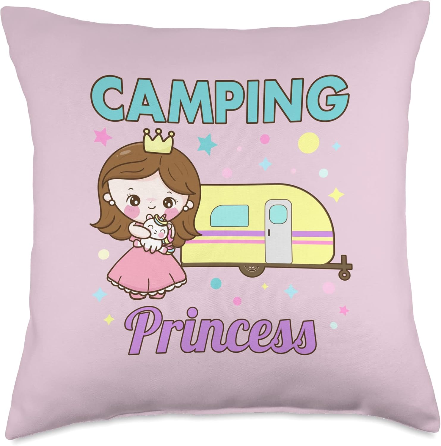 Kids Girl Campfire Travel Trailer Camper Princess Camping Throw Pillow 18x18