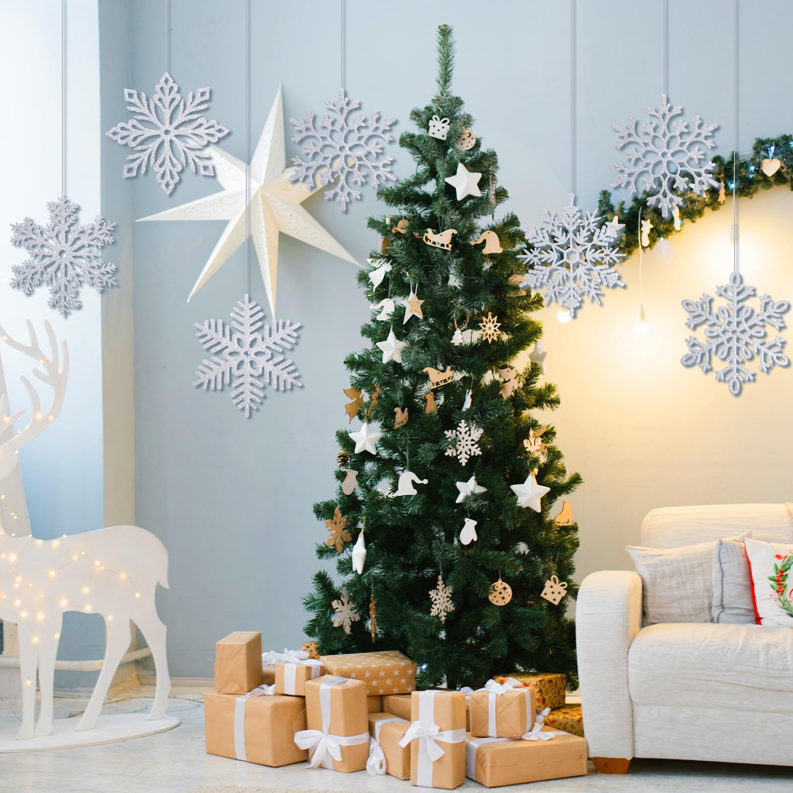 Lot de 24 flocons de neige géants à paillettes en plastique avec fil en nylon de 50 m pour décoration de Noel intérieure et extérieure Argenté 30,5 cm