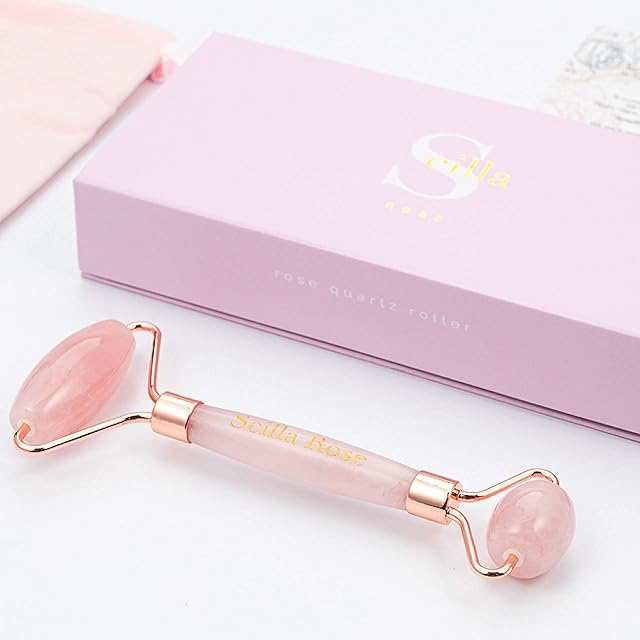 Scilla Rose Jade Roller-Rose Quartz Face Roller Gift Set- Superior and Natural Face Massager Eye Roller for Dark Circles and Puffiness- Anti-Ageing Facial Roller Skincare Tools- Pamper Gifts for Women