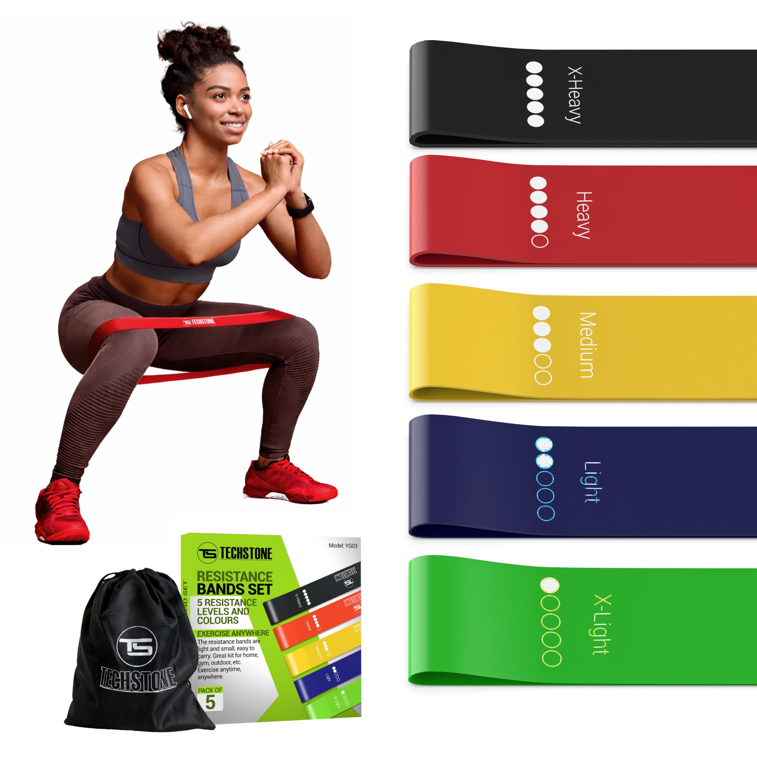 TechStone Resistance Bands Set for Men and Women, Pack of 5 Different Levels Elastic Band for Home Gym Long Exercise Workout – Great Fitness Equipment for Training, Yoga – Free Carrying Bag