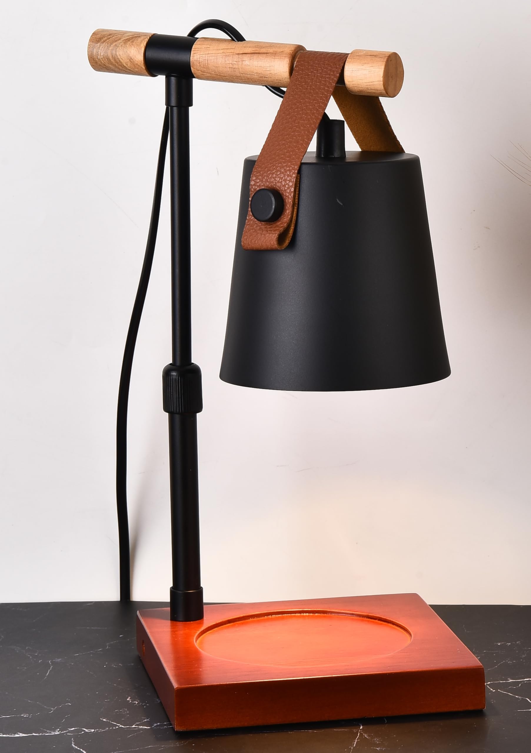 Lampe Chauffe-Bougie Industrielle, Noir et Bois, Abat-jour Suspendu avec Lanière en Cuir, Variateur et Minuterie, 50W