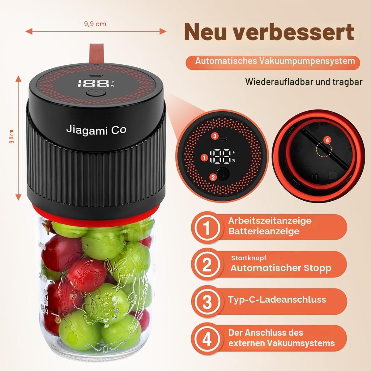 Elektrisches Einmachglas-Vakuumierer-Set, 4-in-1 Mason Vakuumierer für Einmachgläser mit breiter und normaler Öffnung, Auto-Stop-Vakuumiergerät für Gläser, Weinflaschen, Vakuumbeutel, Behälter