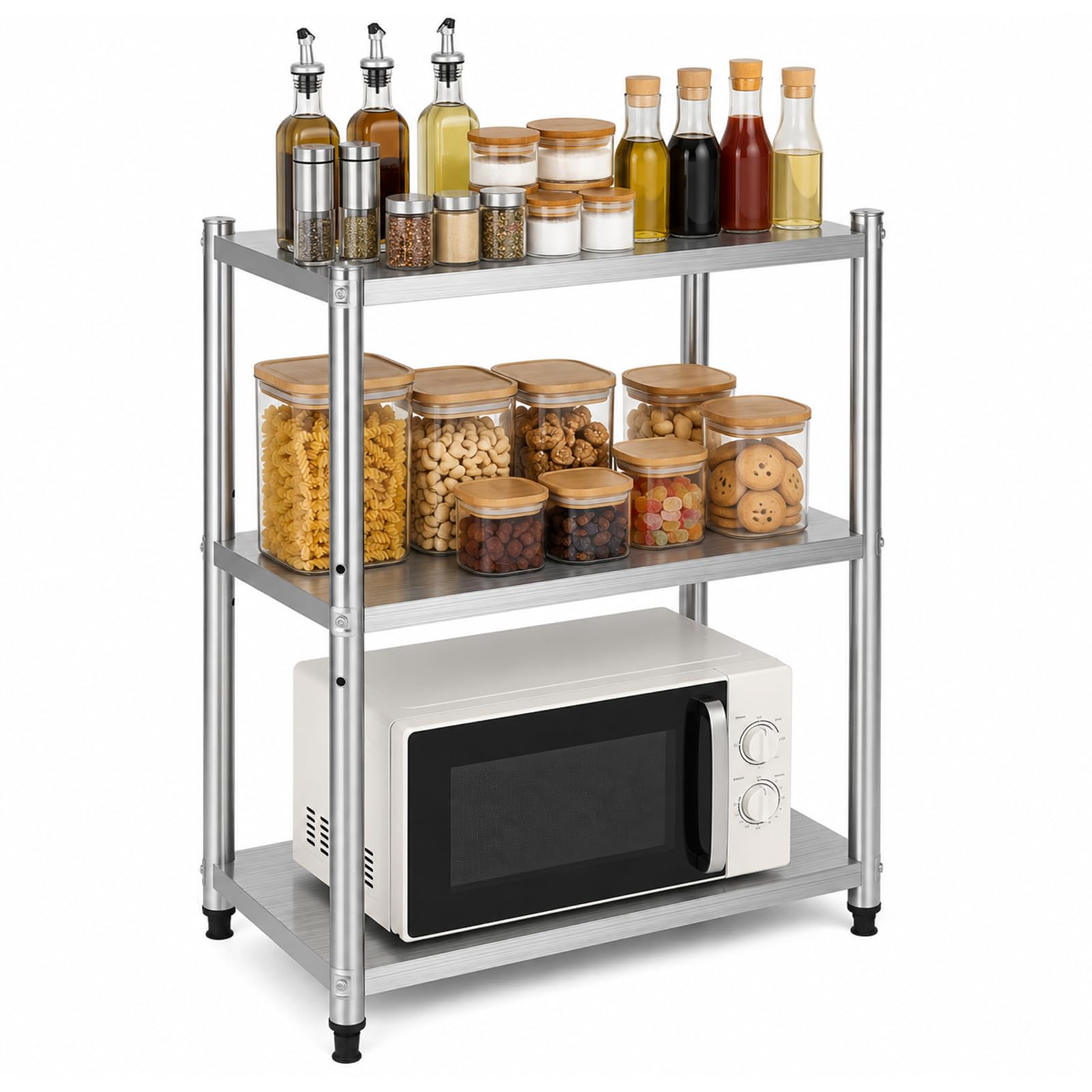Scaffalatura a 3 ripiani in acciaio inox, multiuso, in metallo, moderno e piccolo scaffale per microonde, supporto per piante, per cucina, soggiorno, ufficio, garage, patio (79 cm x 59 cm x 35 cm)