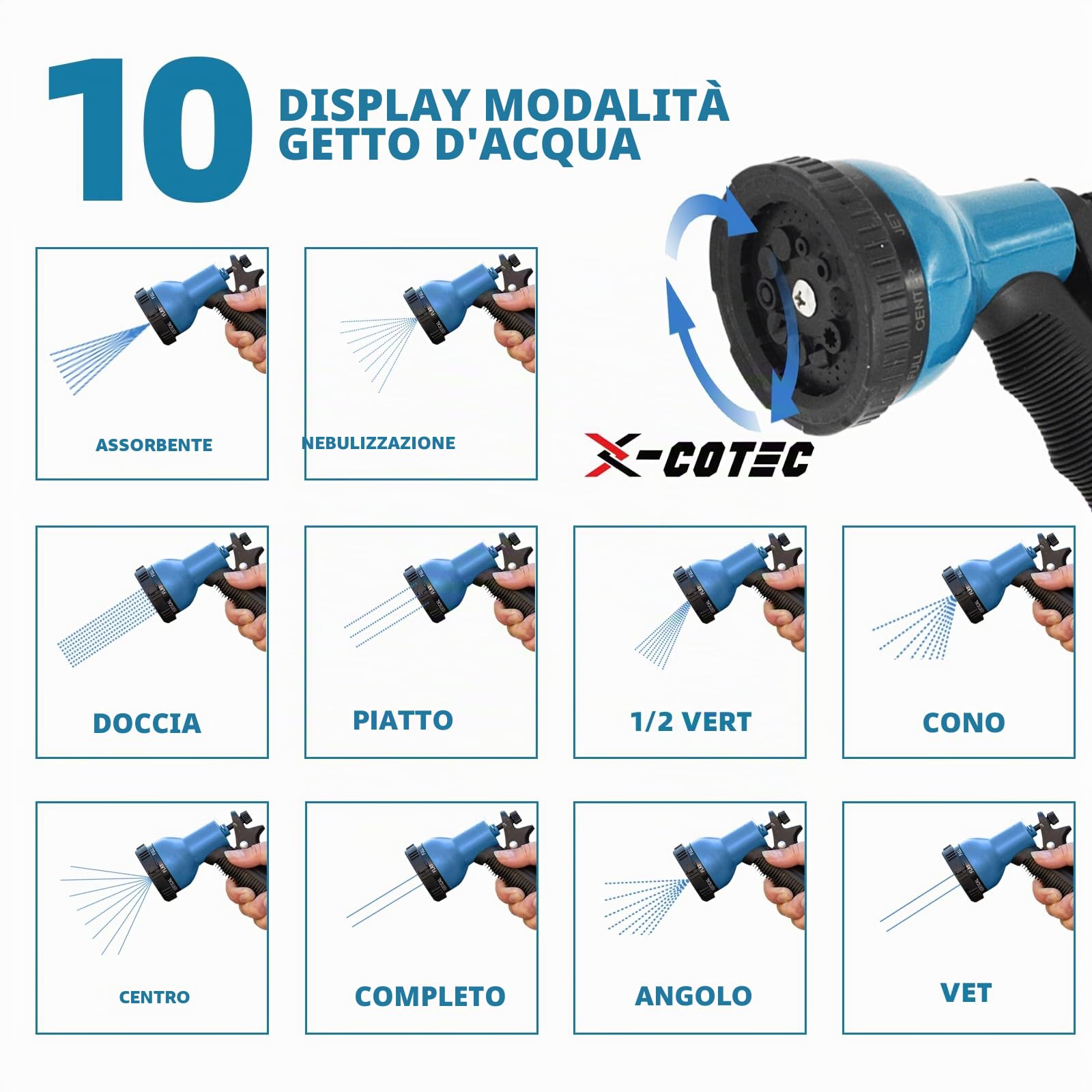 Tubo Acqua Giardino, Tubo Estensibile da Giardino 30m/100ft, Canna Acqua con 10 Modalità Spruzzo, Tubo Irrigazione con Raccordi in Ottone da 1/2" e 3/4, per Irrigazione Lavaggio