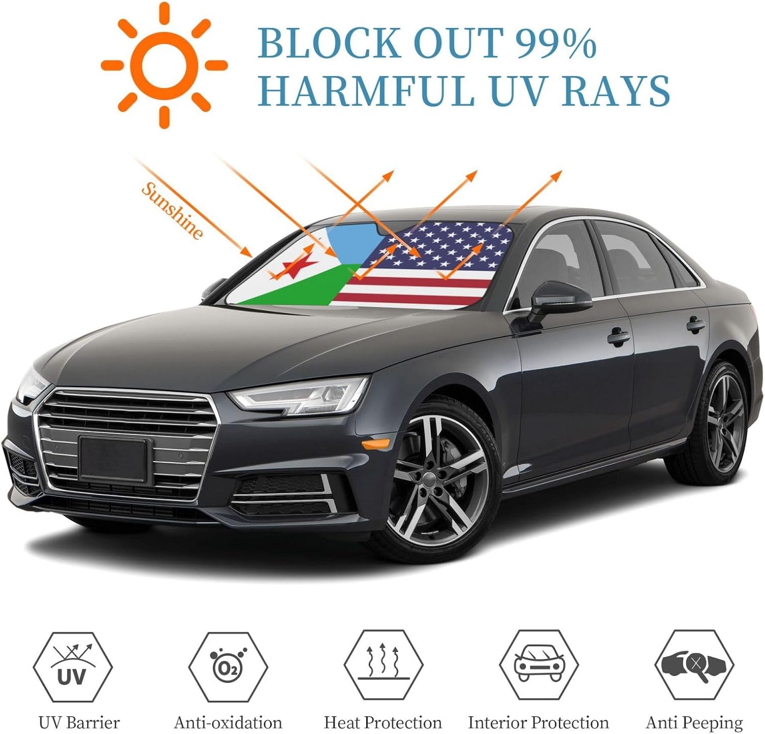America Djibouti Friendship Flag Foldable Car Windshield Sunshade Blocks Heat and Sun Glare Uv Rays