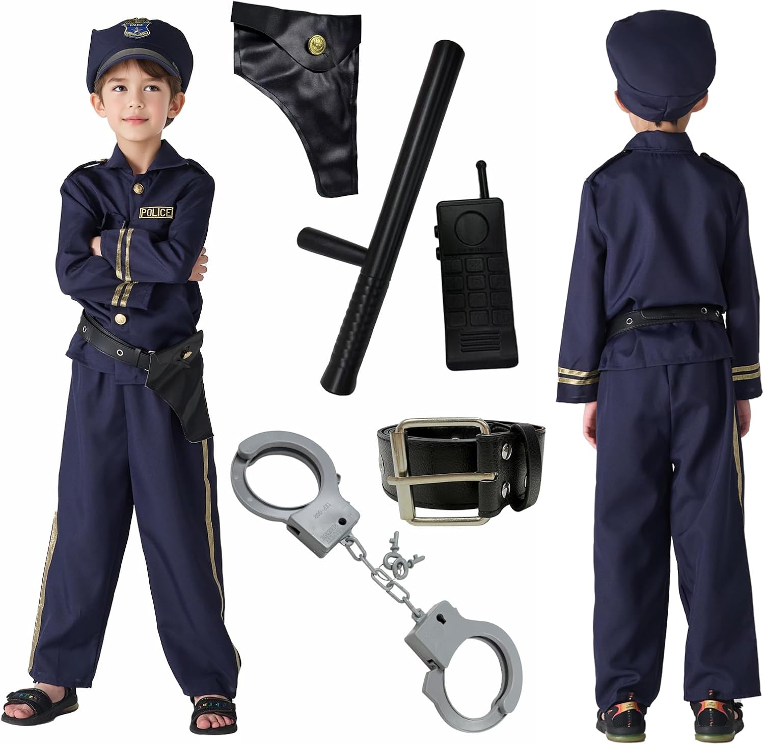 JCJ Police Costume for Kids, 8PCS Deluxe Cop Officer Outfit with Toy Accessories, Halloween Cosplay Dress-Up for Boys Girls - Image 7