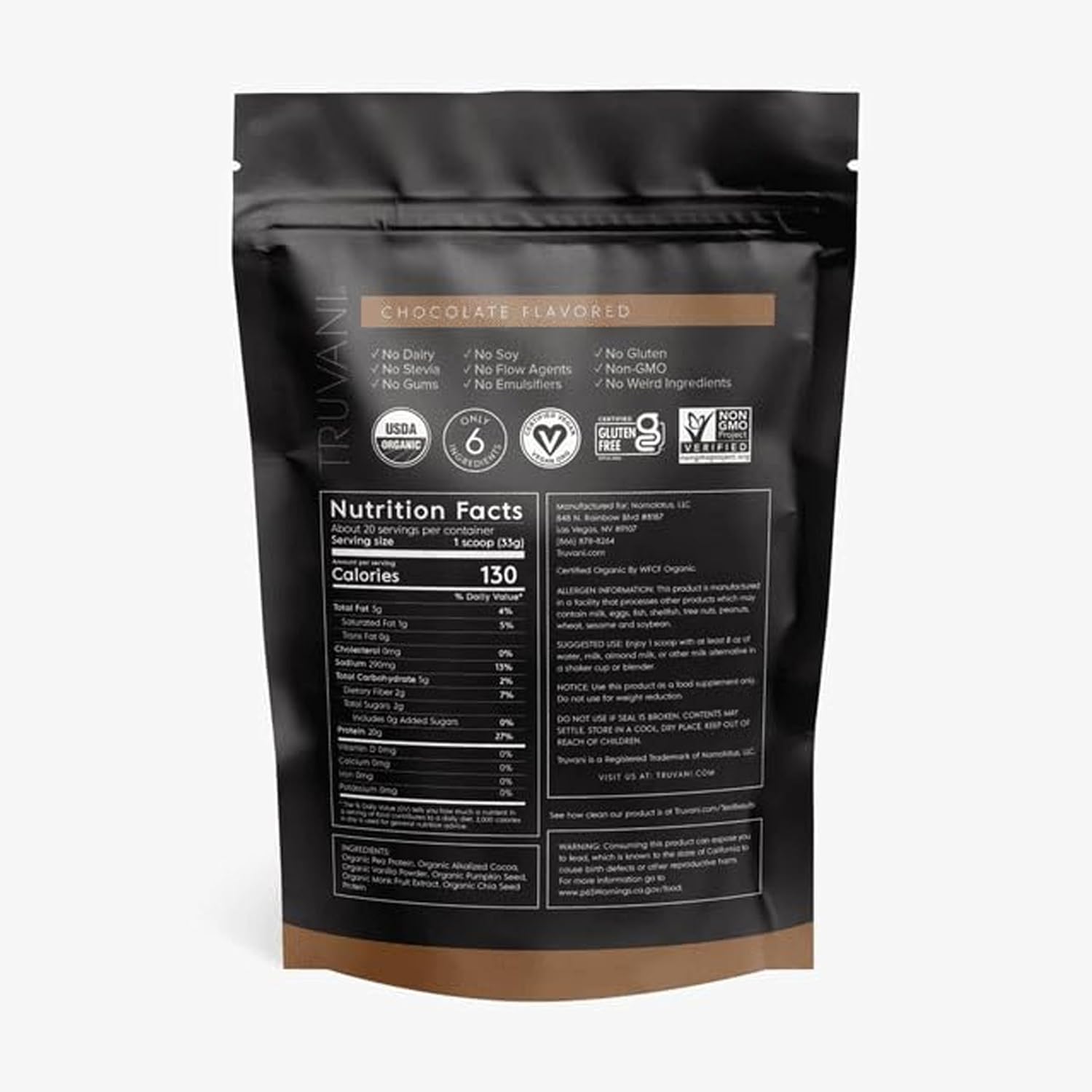 Truvani Vegan Pea Protein Powder | Chocolate | 20g Organic Plant Based Protein | 20 Servings | Keto | Gluten & Dairy Free | Low Carb | No Added Sugar