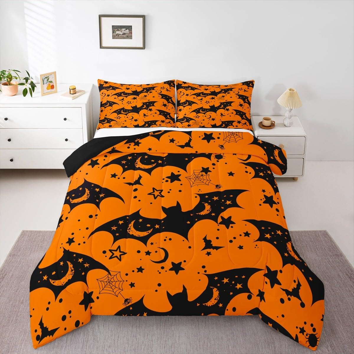 Feelyou Kids Happy Halloween Comforter Set Queen Size Cobweb Bat Cute Star Print Bedding Set for Boys Teens Decor Horror Theme Comforter Witchcraft Duvet Set Bedroom Quilt Set 3Pcs