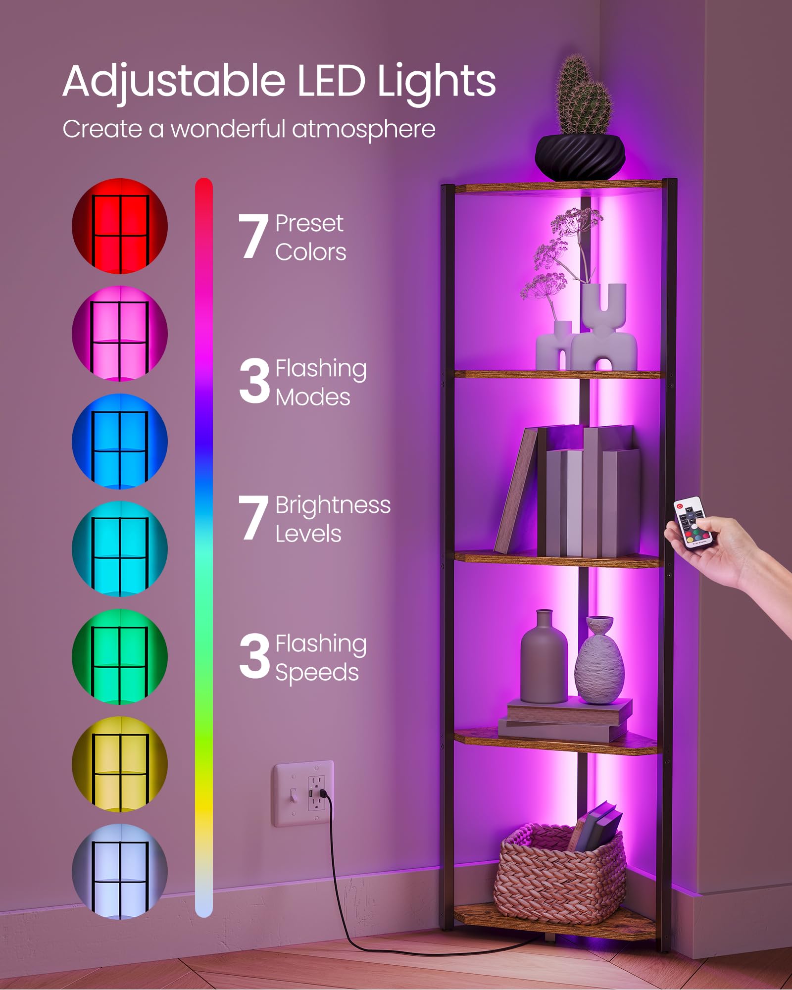 VASAGLE Étagère d'angle avec lumières LED, étagère d'angle à 5 niveaux, étagère de rangement avec cadre en acier, 24 x 48 x 140 cm, pour salon, chambre à coucher, bureau, marron rustique ULBC590K01