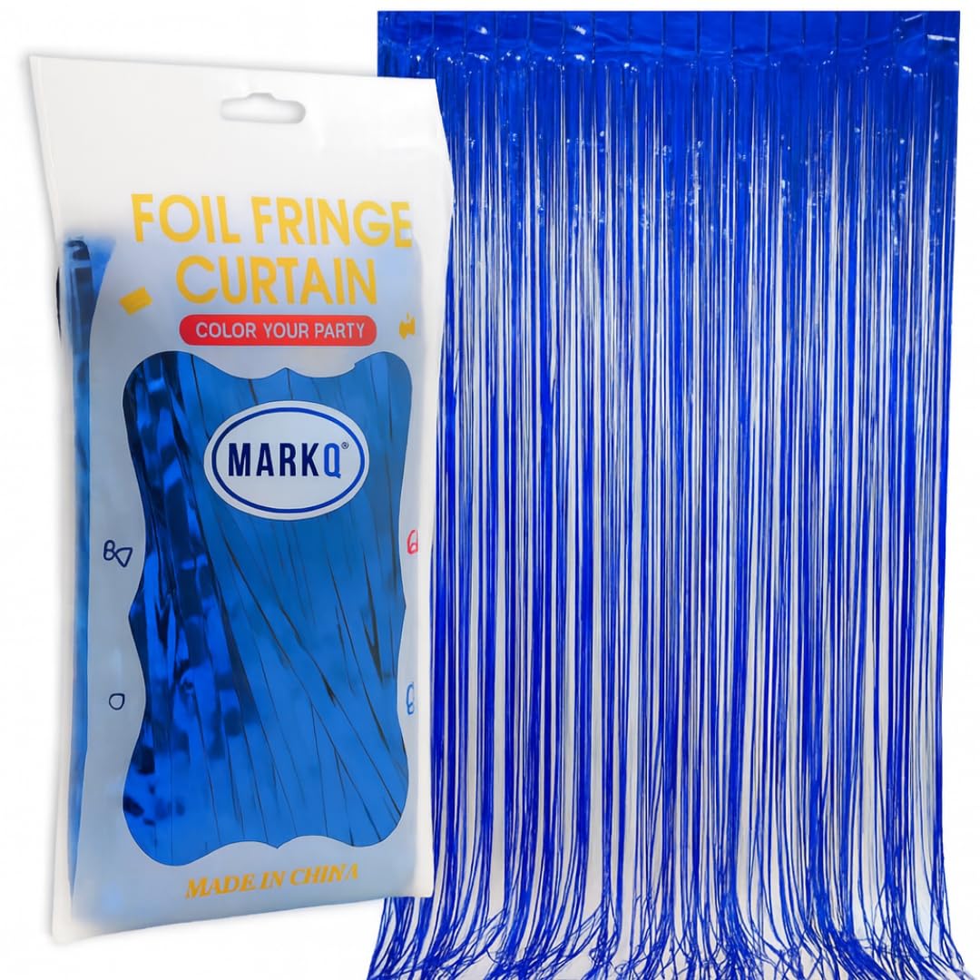 MARKQ Royal Blue Foil Fringe Curtain | 1 x 2-meter Metallic Tinsel Streamers Party Backdrop for Halloween, Baby Shower, Wedding, Eid, Graduation, Birthday Party Decorations [Pack of 1]